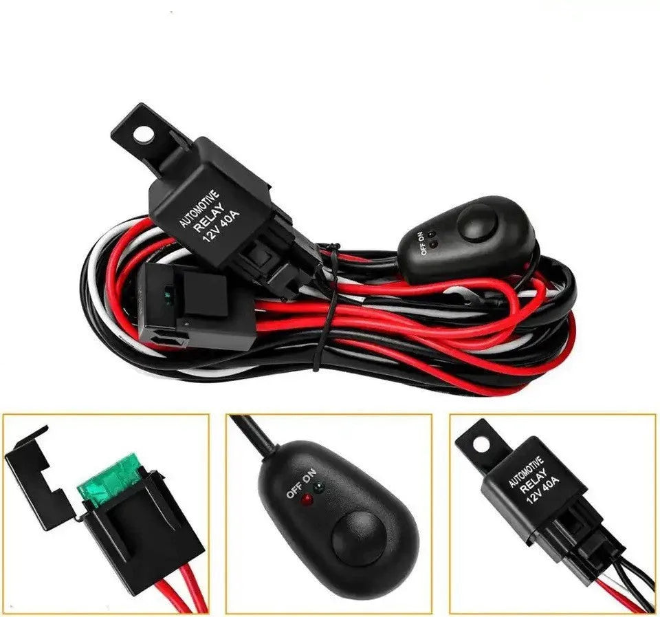 LED work light wiring harness with silicone cable and automotive connectors for vehicle roof spotlight installation