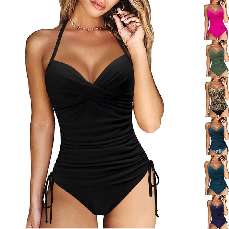 Women's separated swimwear bikini set in nylon with high elasticity, available in black, army green, leopard print, and green leaves patterns