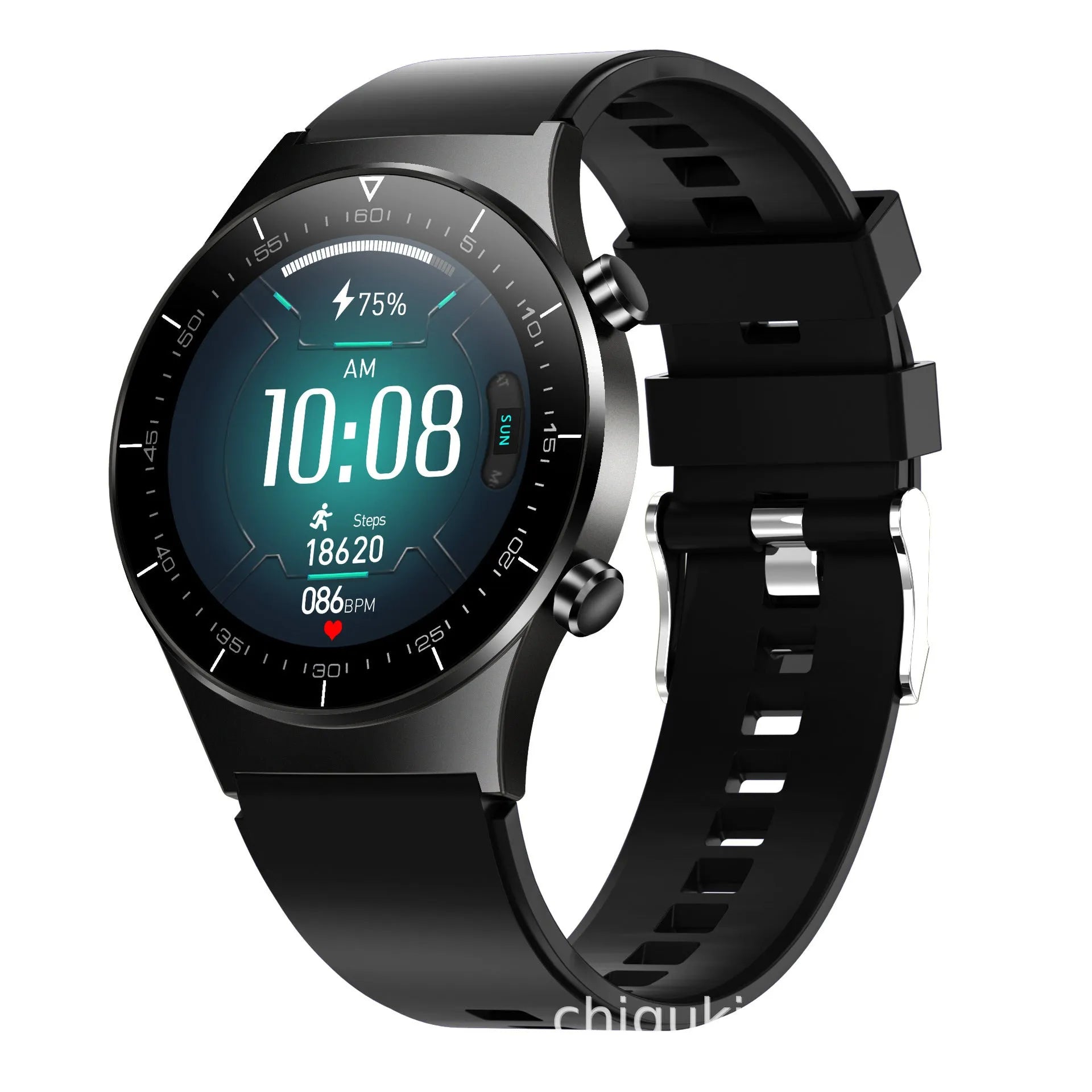 Black smart watch with sports-style astronaut bracelet and 1.3-inch touch screen displaying health metrics