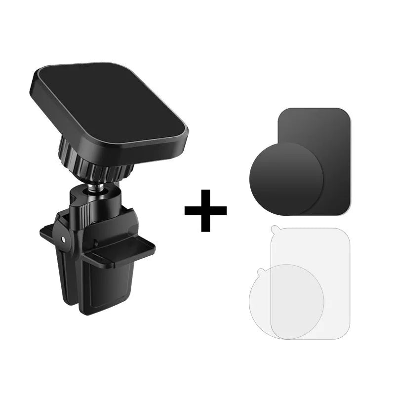 Black magnetic car phone holder attached to air vent with phone secured, showing 360-degree rotation capability