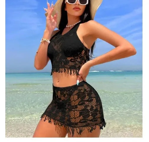 Women's white two-piece swimsuit with tassel beach cover-up skirt for swimming sports