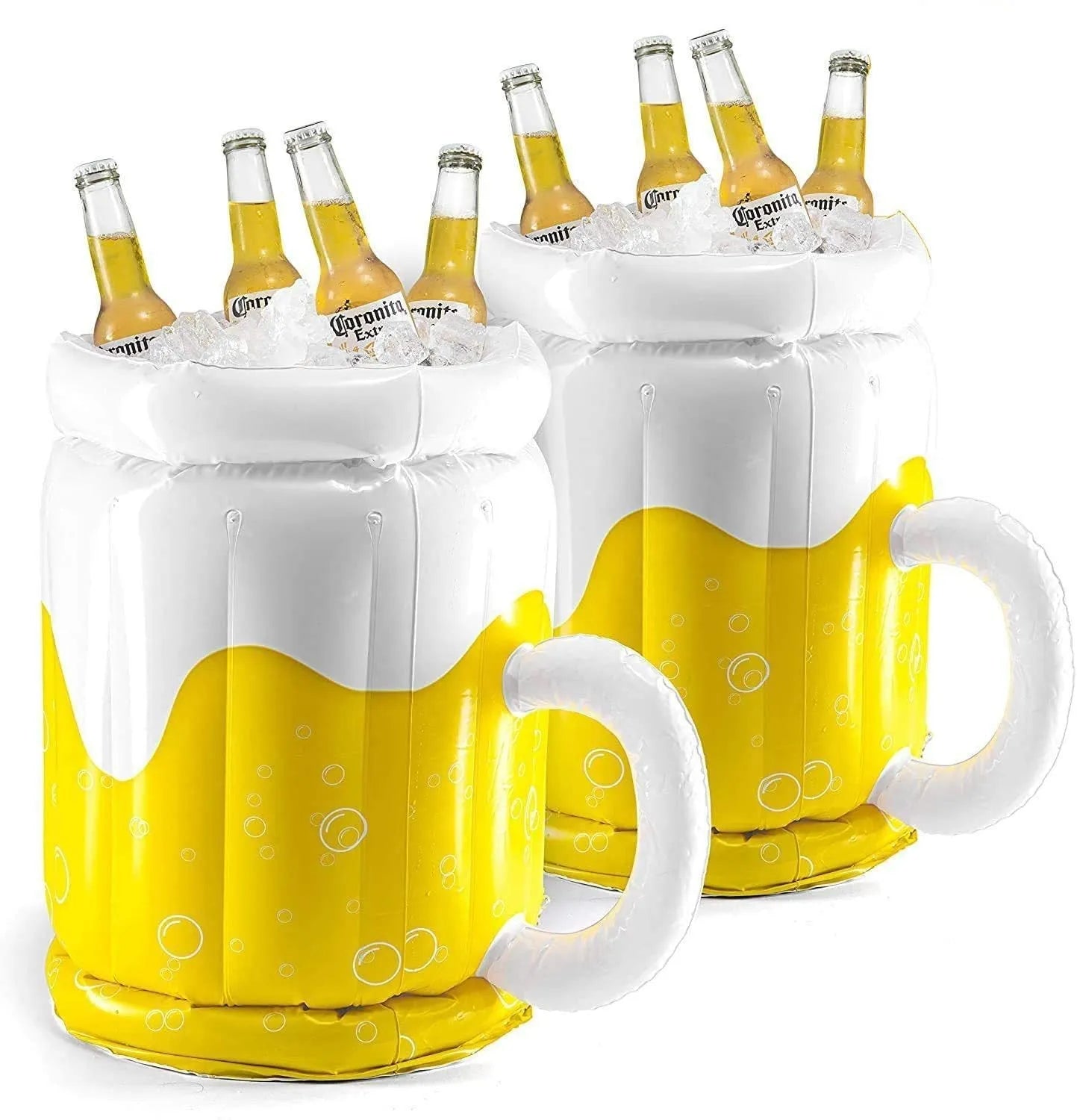 Yellow inflatable beer mug cooler pool float with drink-holding function