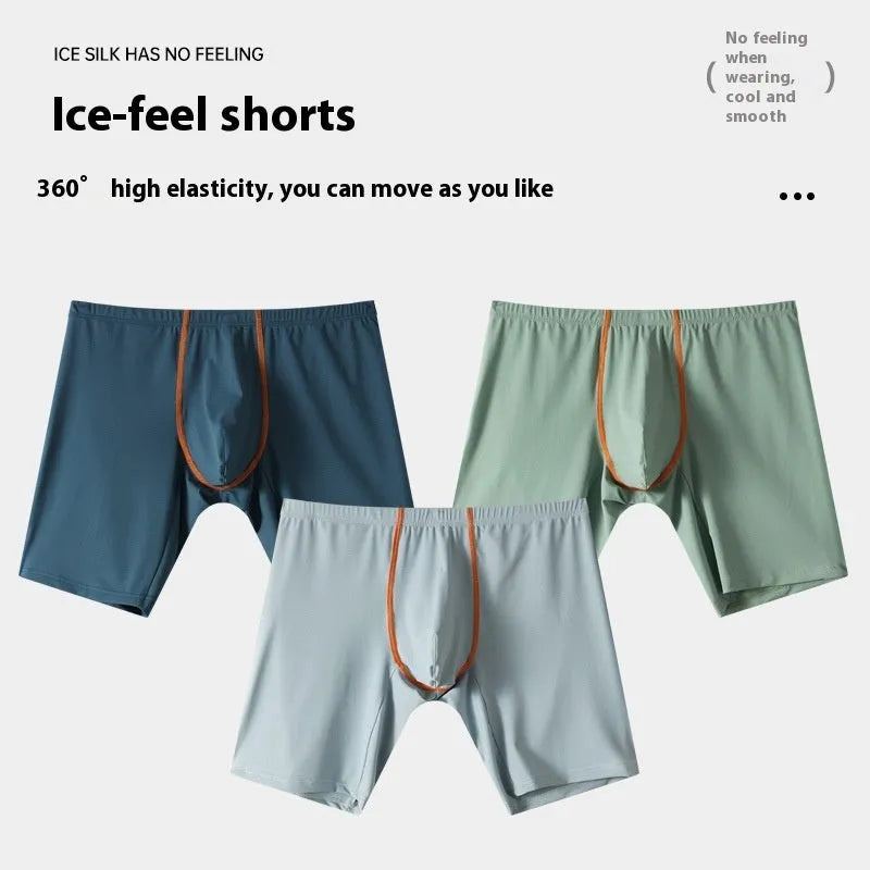 Men's mid-waist lengthened boxers in black ice silk nylon fabric on a white background.