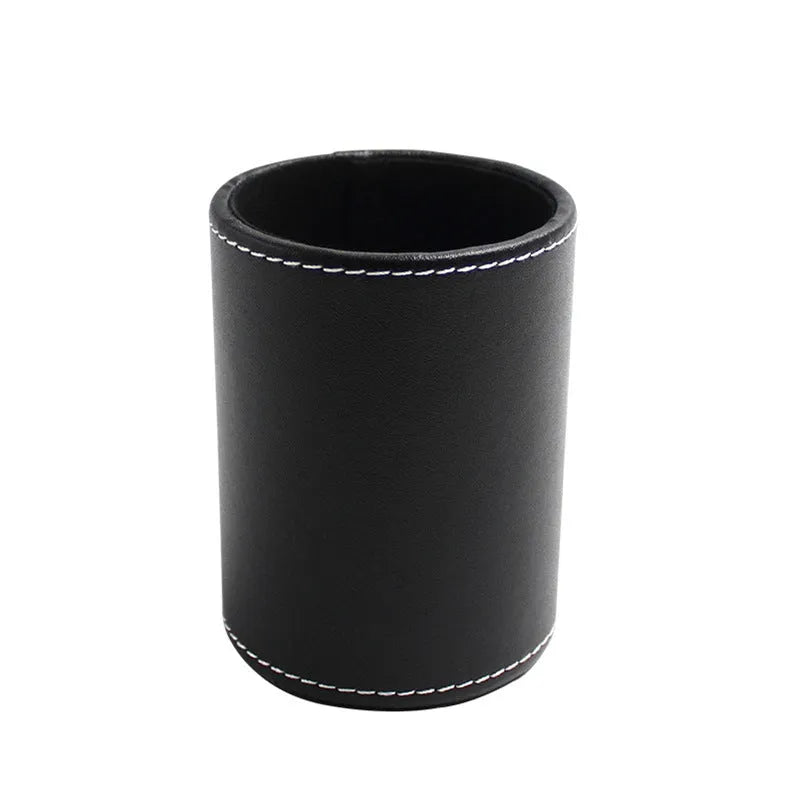Round black leather pen container measuring 8.0cm diameter and 10.8cm height for desk organisation