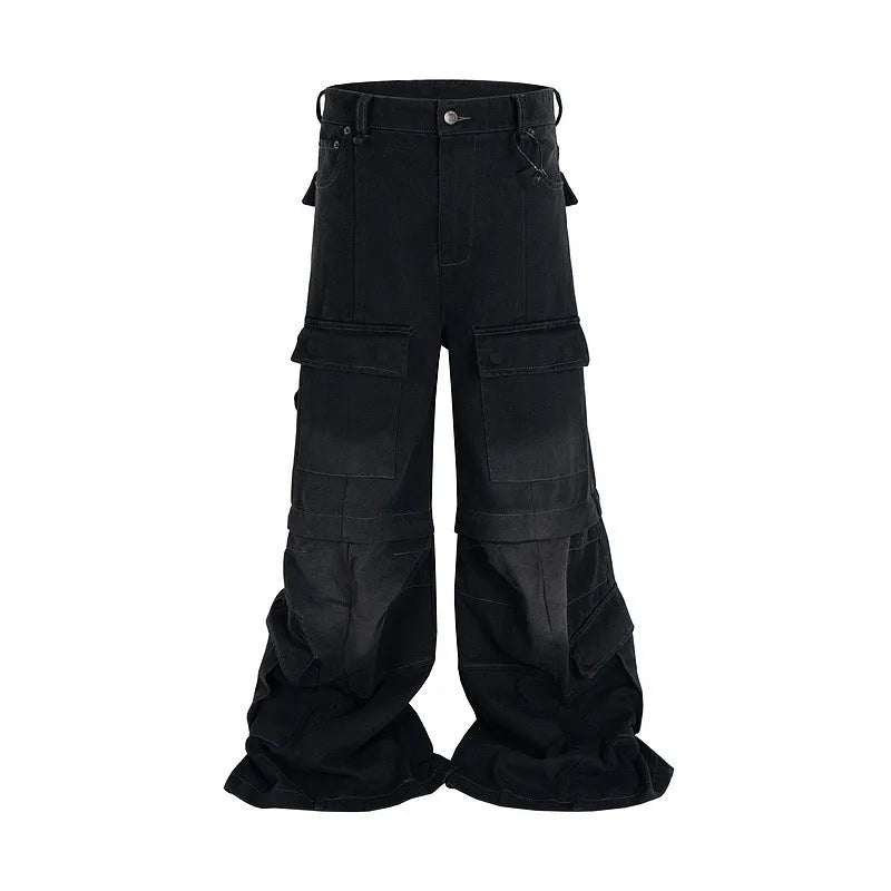 Washed-out cotton detachable overalls with multiple pockets in black or blue colours