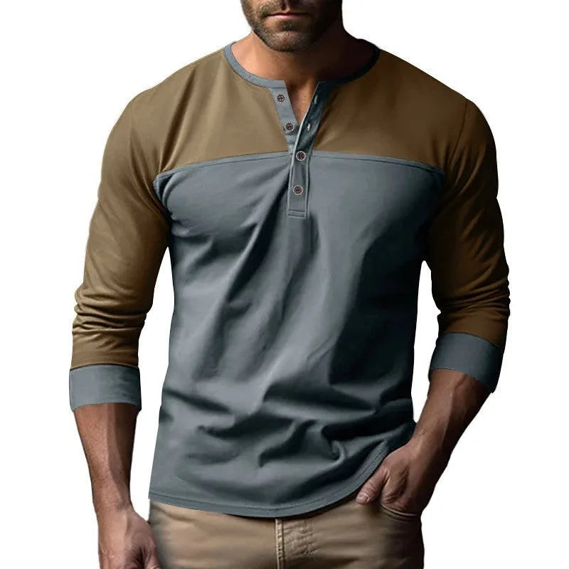 Men's brown army green long sleeve henley collar casual shirt with retro colour matching panels.