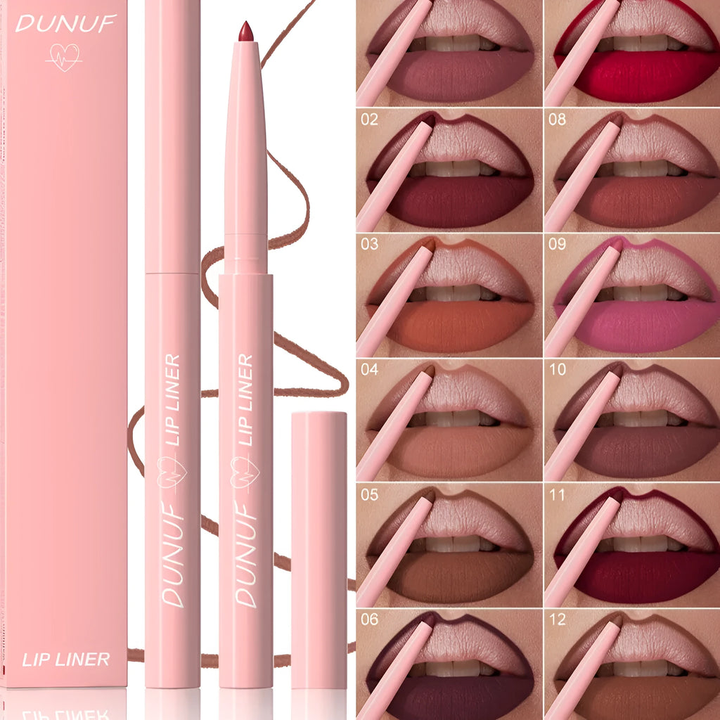 Velvet matte lip liner pencil in twelve colour options for precise lip definition