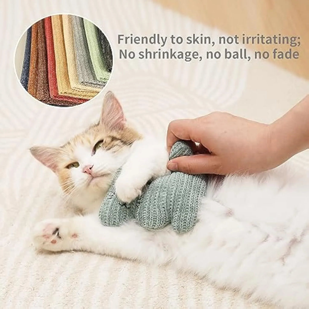 Cyan plush rope catnip toy with bell inside, measuring 12 cm by 11 cm, for cats to chew and play