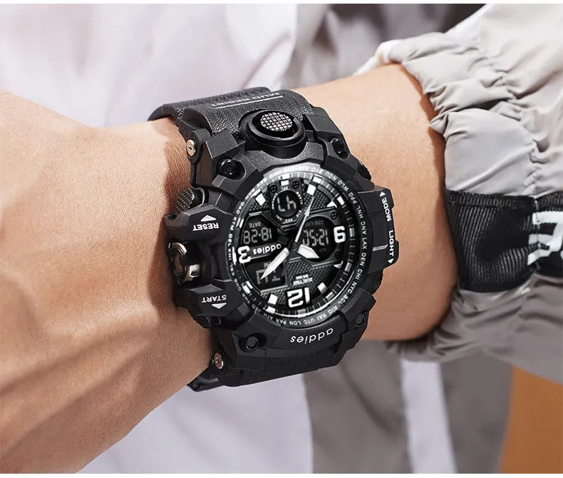 Electronic dual display sports watch with plastic case, 50m water resistance, in black, red, white, or transparent white.