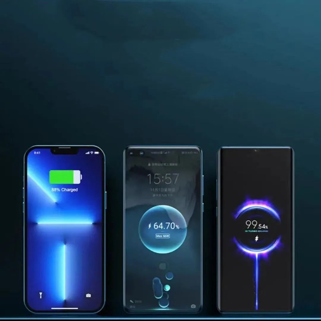 Transparent industrial design power bank showing internal aluminium casing and battery cells