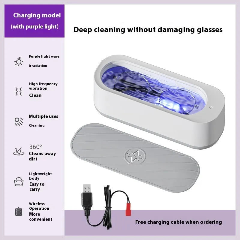 USB glasses cleaning machine with mechanical control and 300ml capacity, shown with glasses.
