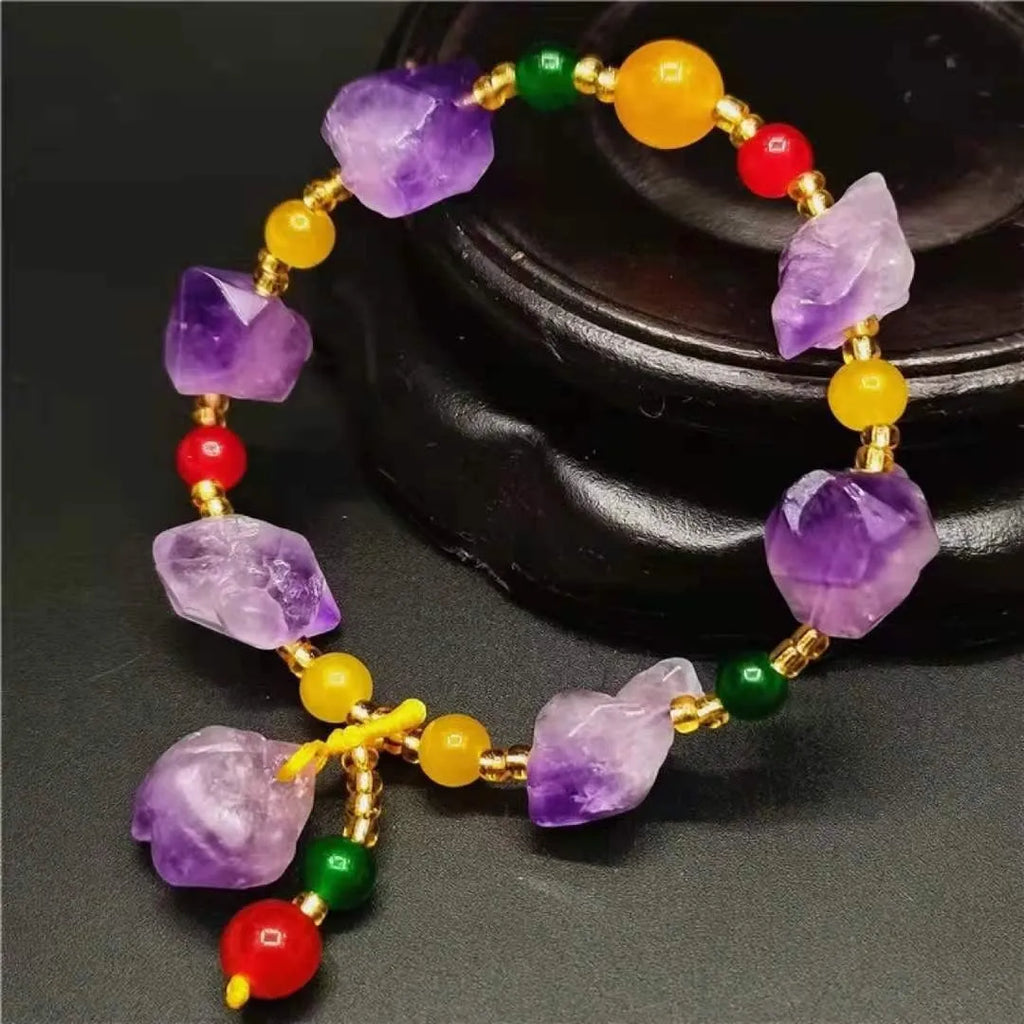 Natural shaped amethyst bracelet with fu character charm for women's travel commemoration gifts
