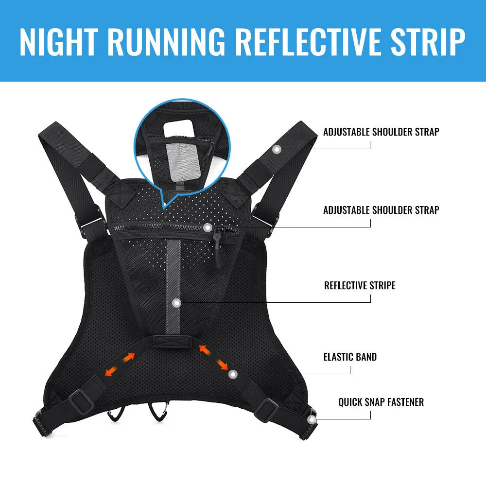 Oxford cloth outdoor sports chest bag with visible sewing lines, shown in black colour option worn across chest