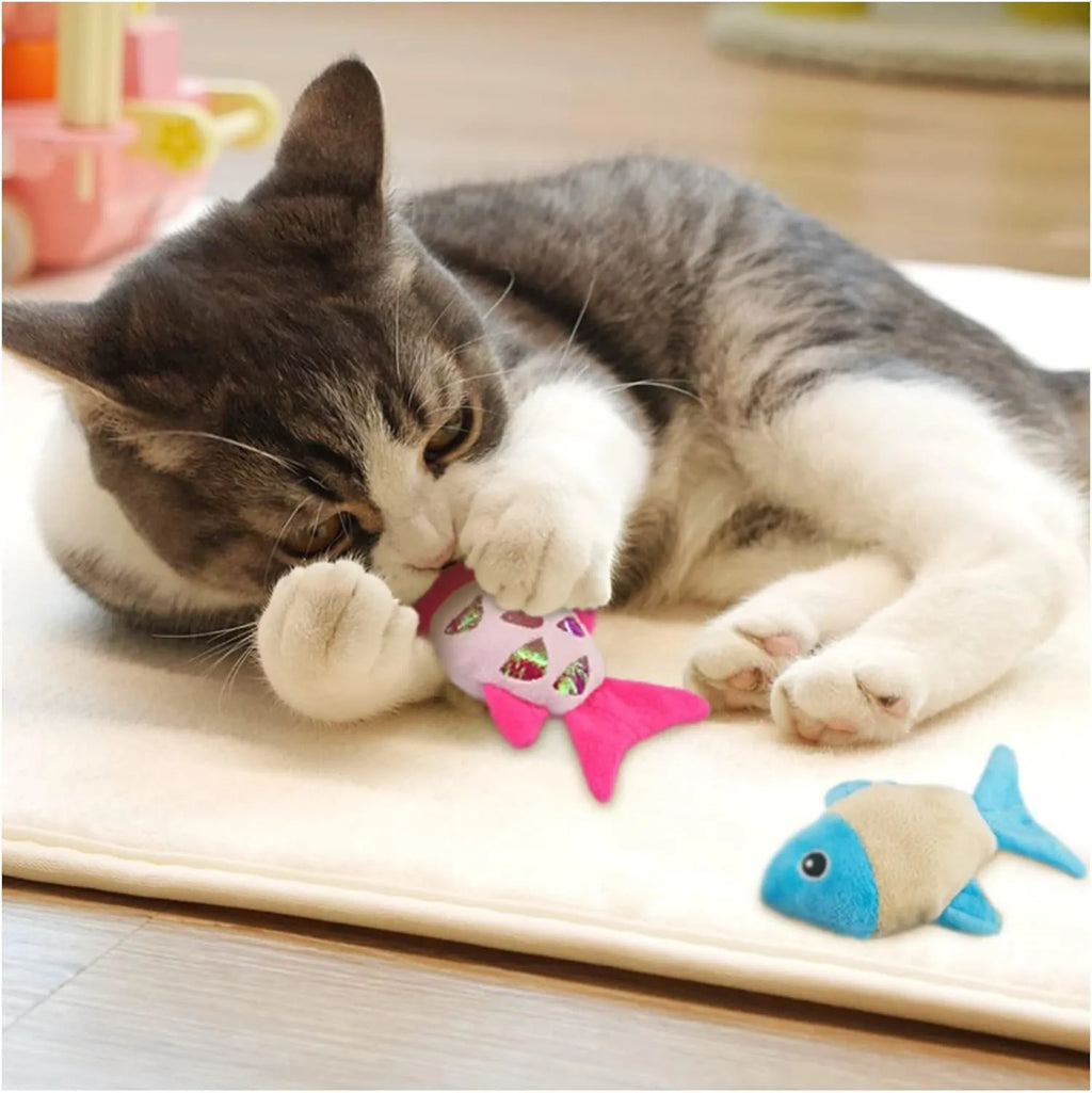Two fish-shaped catnip plush toys with crinkle paper sound layer in blue, orange, and pink colour options
