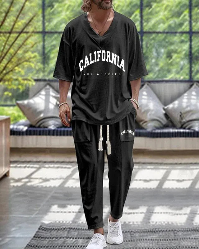 Cropped sleeves V-neck trousers suit in thin polyester fabric with size range S to 6XL
