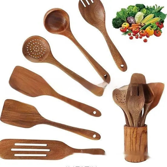7-piece wooden kitchen utensil set showing spoons and spatulas with solid wood construction