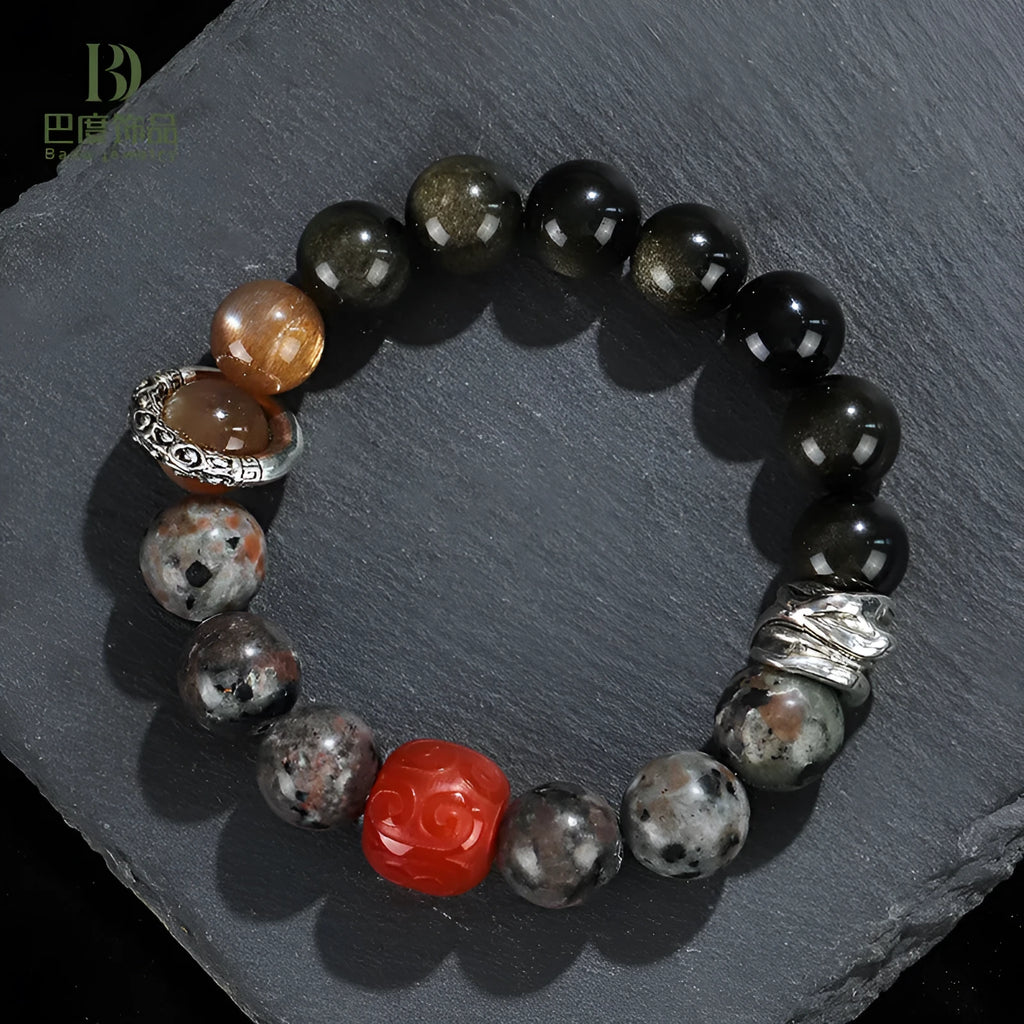 Original design gold obsidian and red agate unisex bracelet for men and women.
