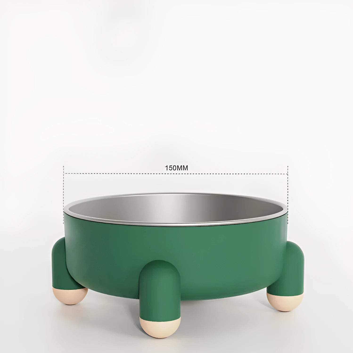 Green stainless steel pet bowl with non-slip base and high foot on a wooden floor.