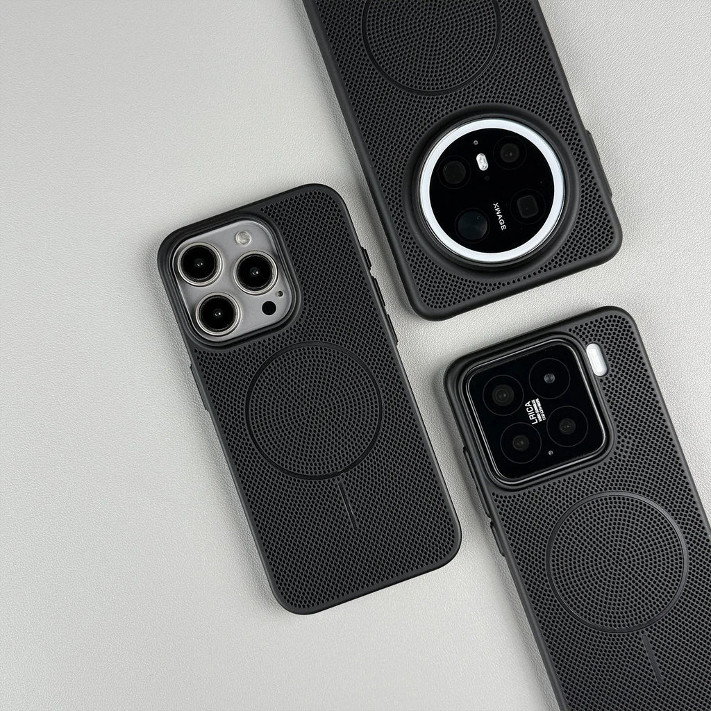 Thin frosted magnetic phone case for iPhone in multiple colours, showing shockproof and heat dissipating design.