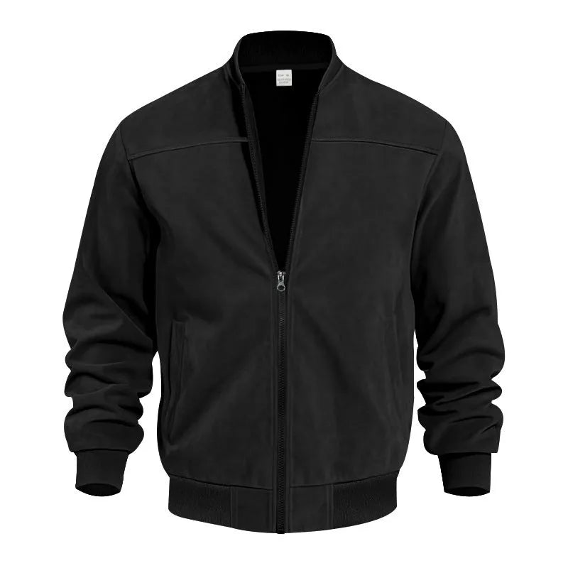 Men's plus size suede jacket in army green with zipper front and regular sleeves