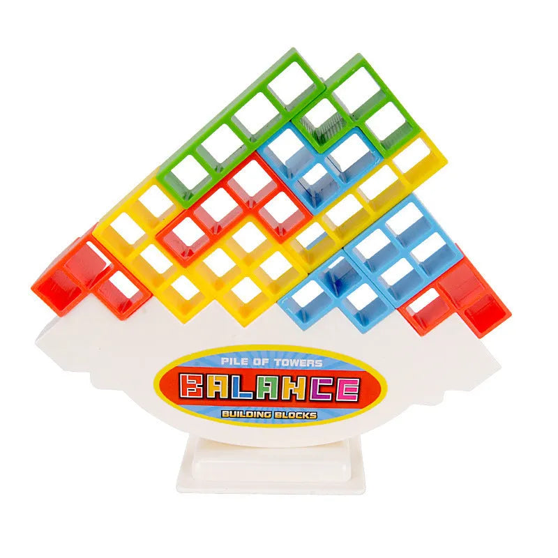 Plastic balance stacking game with 16 coloured blocks on 26.5cm square chassis for family play