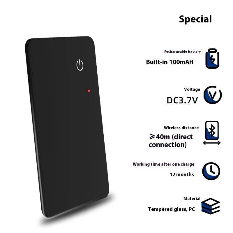 Black credit card sized pet tracker with a hanging hole, showing wireless charging and NFC symbols.
