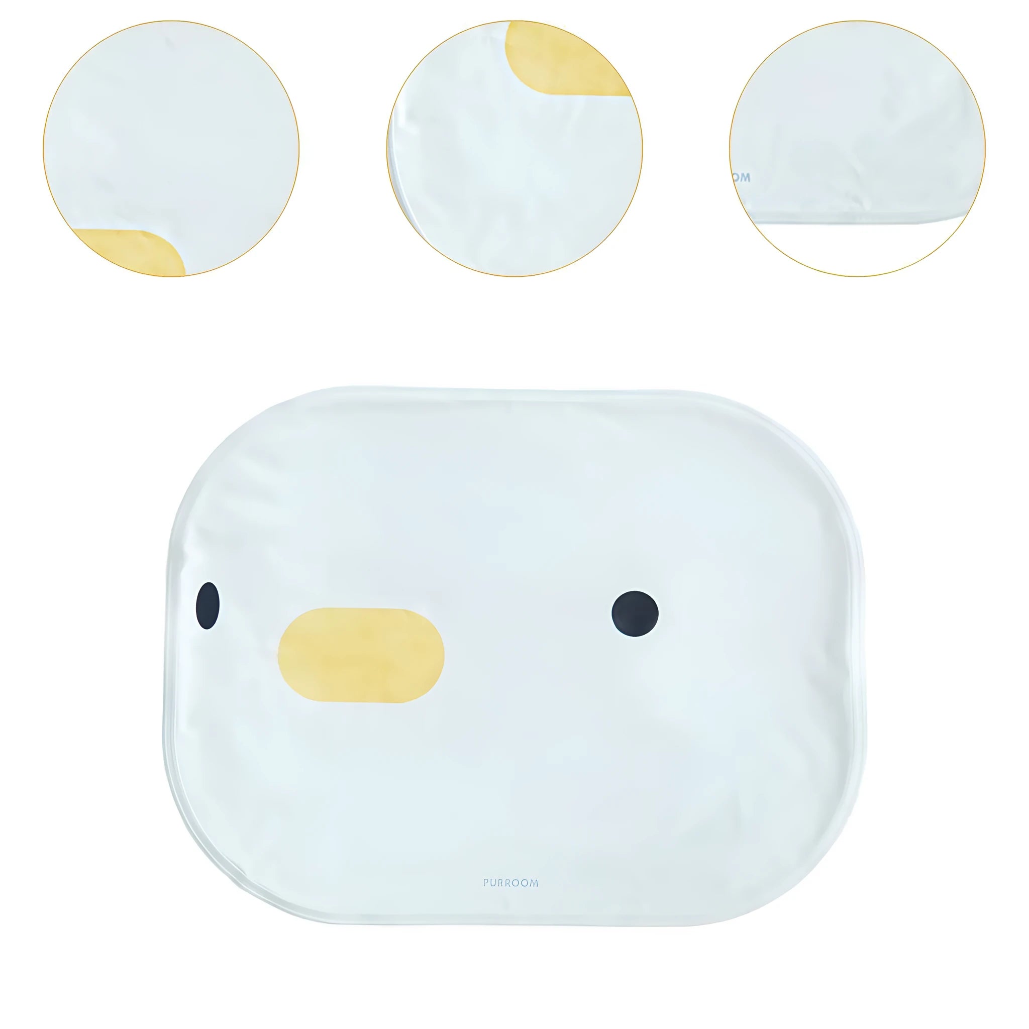 Blue chick-shaped washable pet cooling mat on a wooden floor.