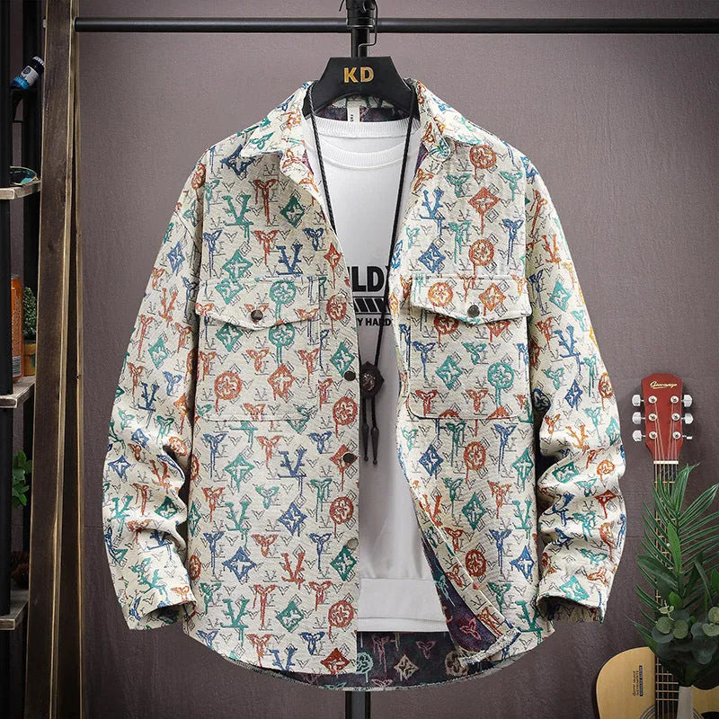 Personality casual lapel shirt coat in colour 526 black with long sleeves and straight hem, size 2XL for 70.00-77.50 kg