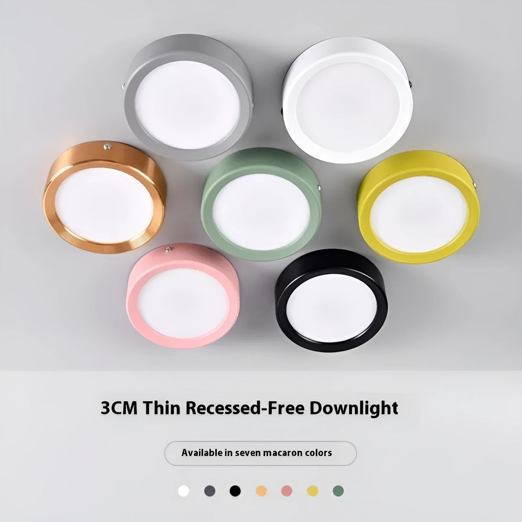 Ultra-thin surface mounted LED downlight with aluminium shell in seven colour options