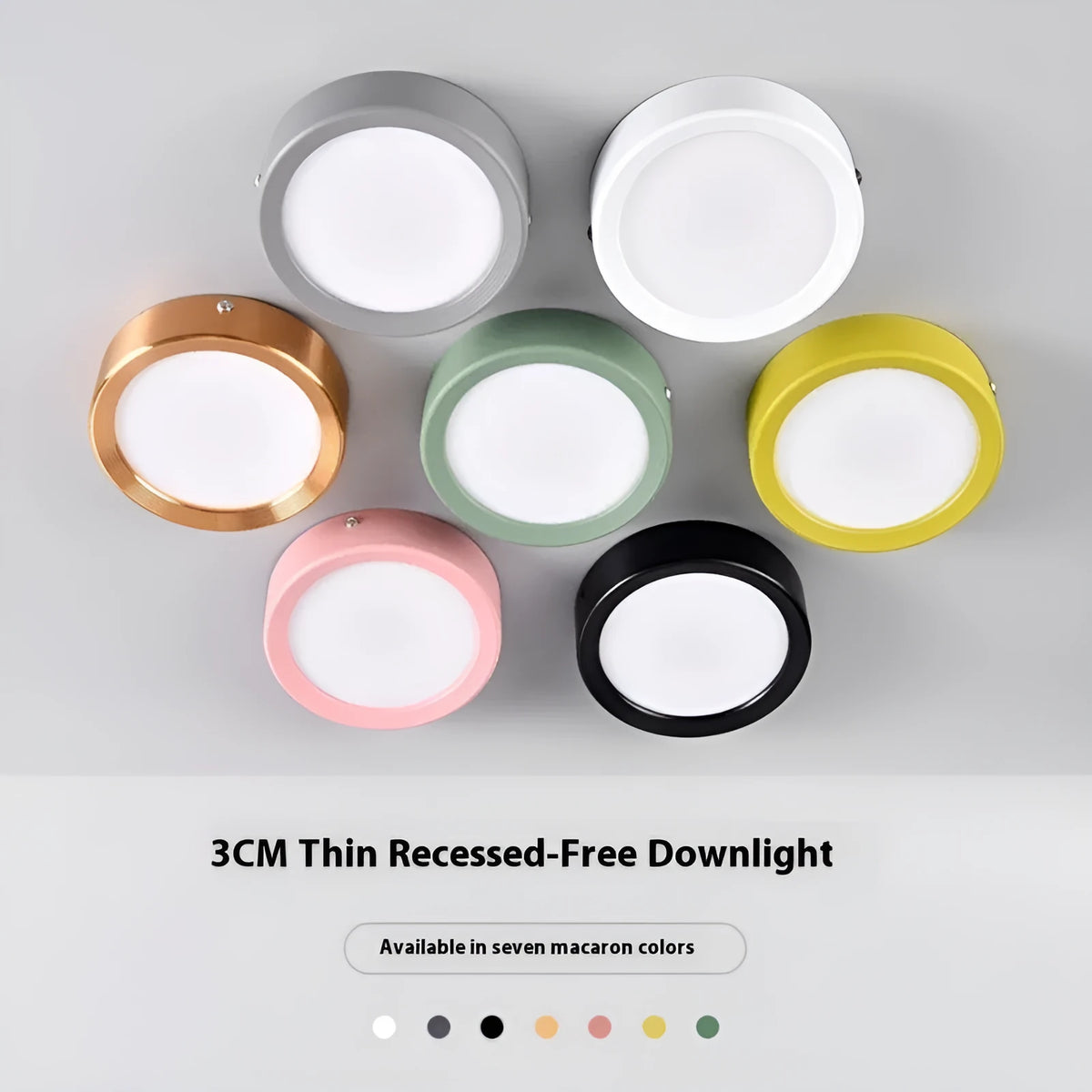 Ultra-thin surface mounted LED downlight with aluminium shell in seven colour options