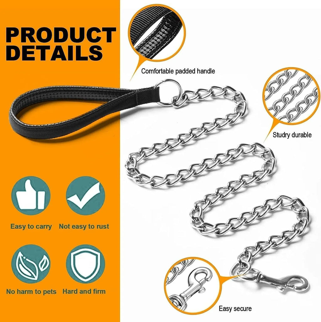 Heavy-duty metal dog leash with soft padded handle, 120cm chew-proof chain for large and medium dogs