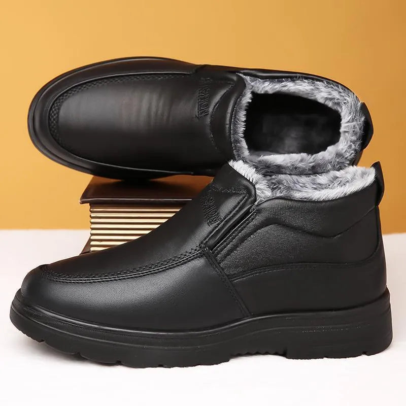 Black and brown waterproof fleece-lined casual winter slip-on shoes with a rubber sole.