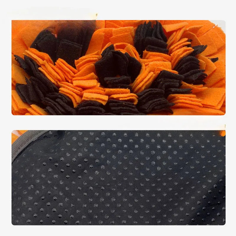 Orange pumpkin-shaped dog sniffing mat with fur fabric surface for slow feeding and food training