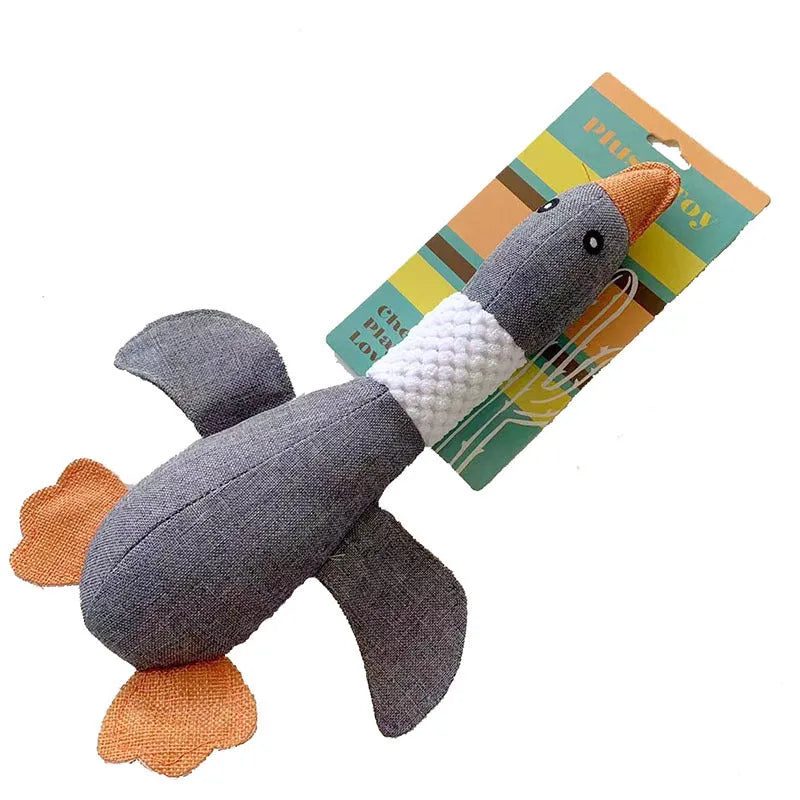 Blue plush duck dog toy with squeakers, measuring 33cm, for chewing and teeth cleaning