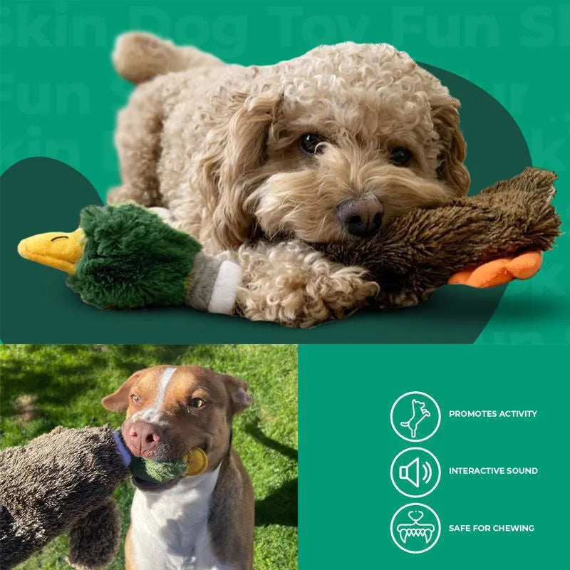 Green Wild Duck stuffless squeaky dog toy with no stuffing, showing self-fastening opening for plastic bottle.