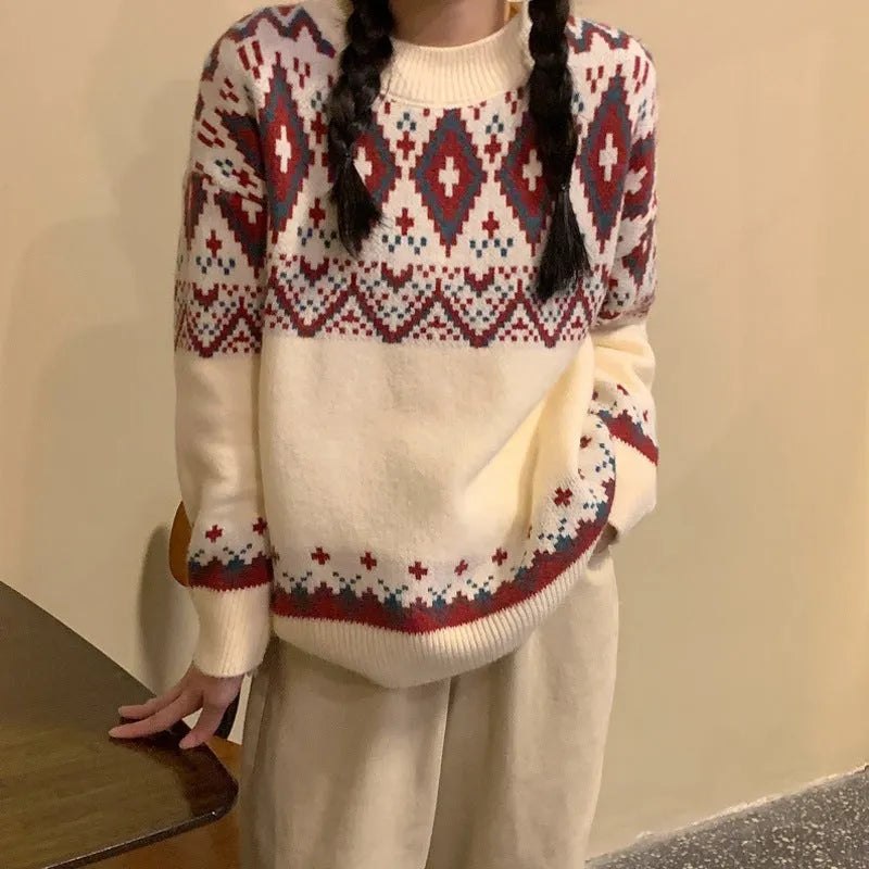 Loose striped pullover top in red or white with long sleeves and free size fit for casual retro style