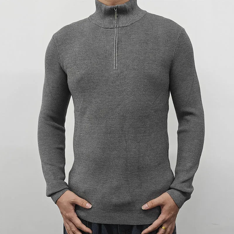Men's half-turtleneck zipper sweater in cotton blend fabric, British-style pullover with long sleeves for spring autumn wear