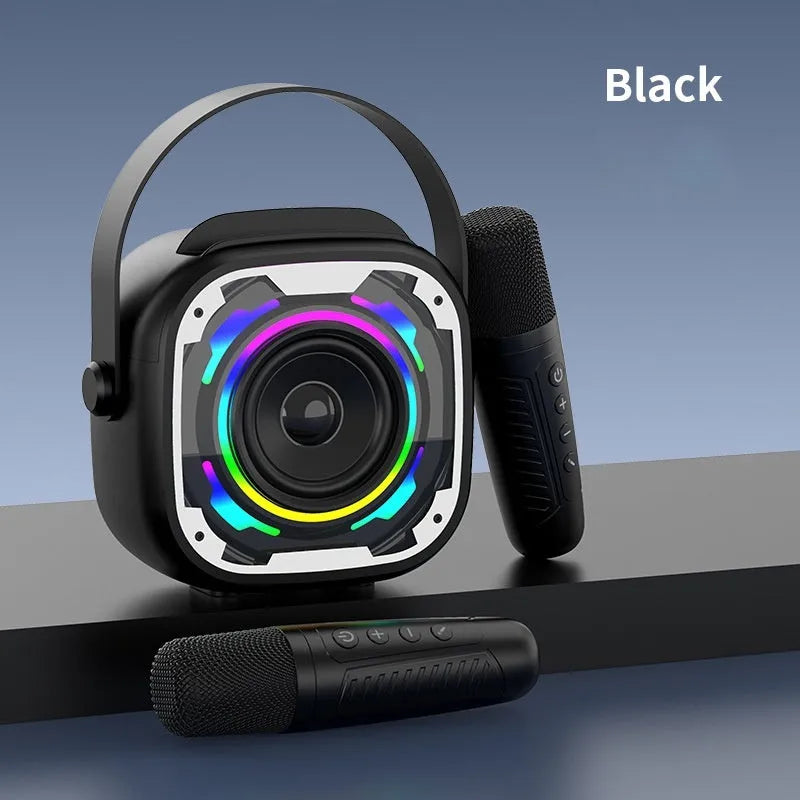 Portable wireless Bluetooth karaoke speaker in V11 Black colour with integrated microphone.