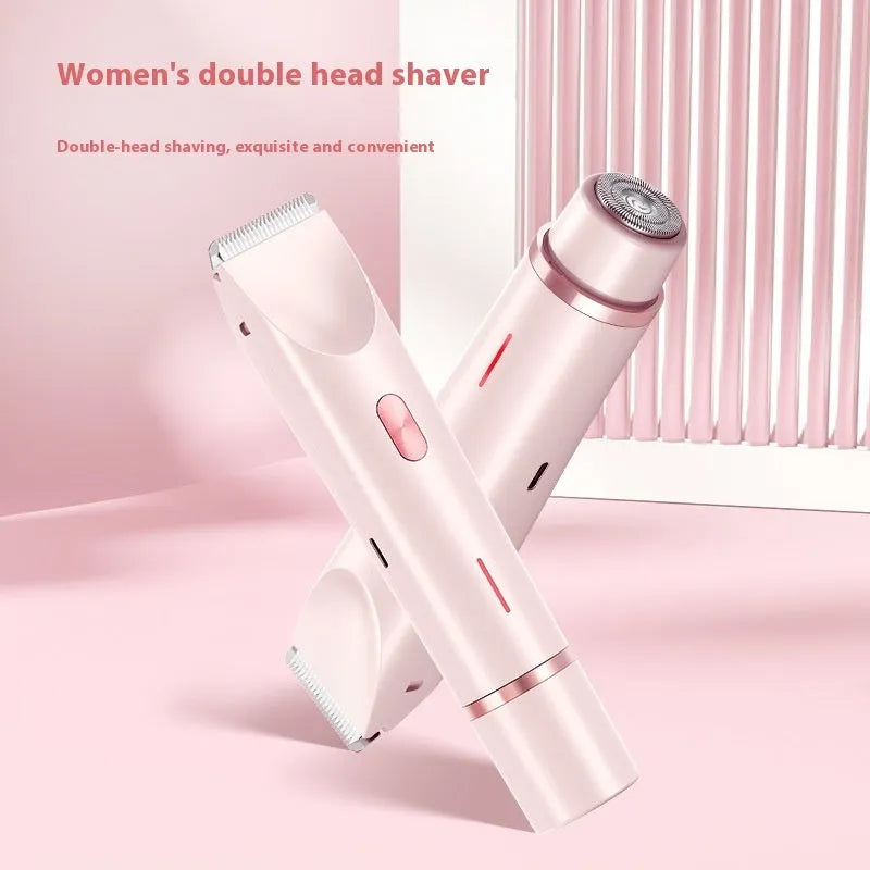 Pink women's electric razor and trimmer with two heads, USB cable, and brush on a white background.