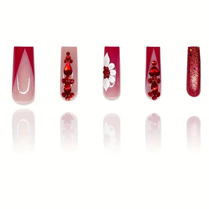 24 floral fake nails with red diamond accents, jelly glue, and nail file for at-home manicures