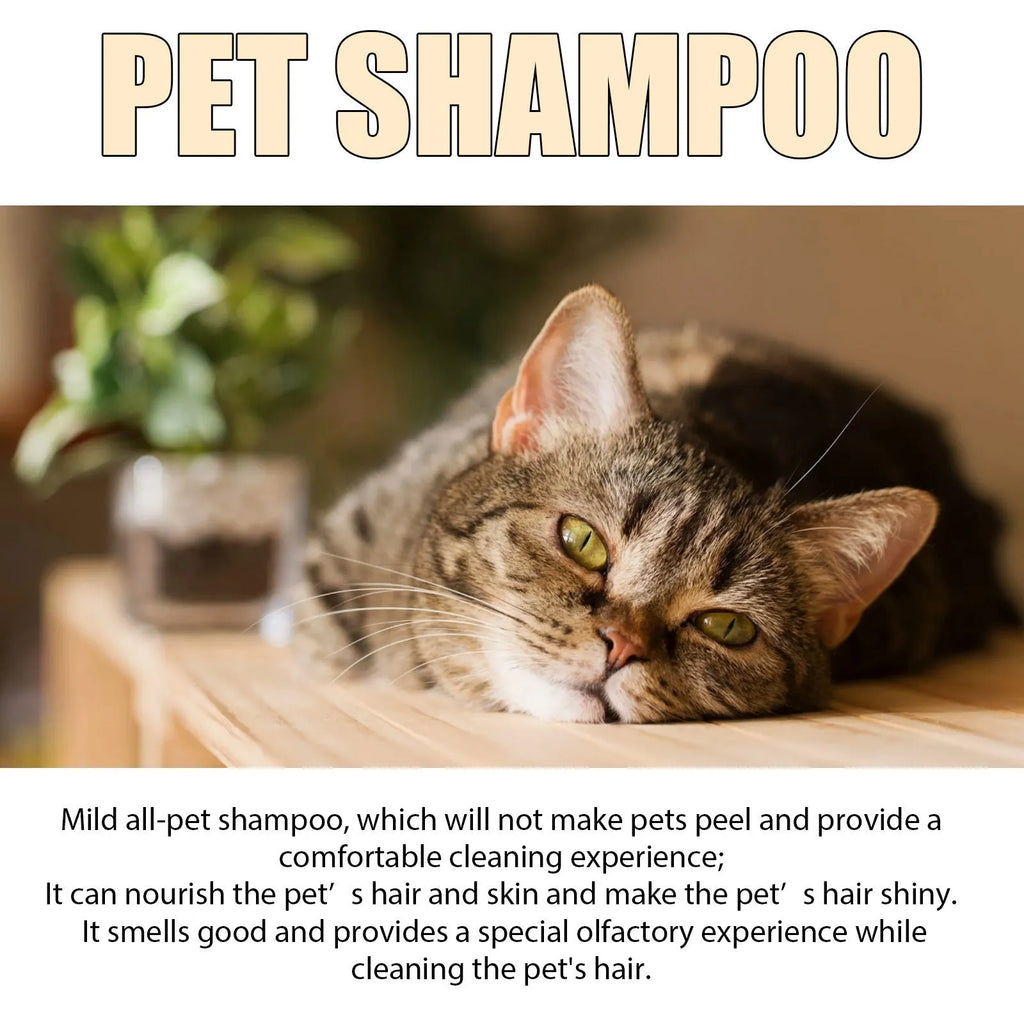 Dog shampoo bottle in 100ml and 300ml sizes with mild formula for cleaning and reducing coat tangles