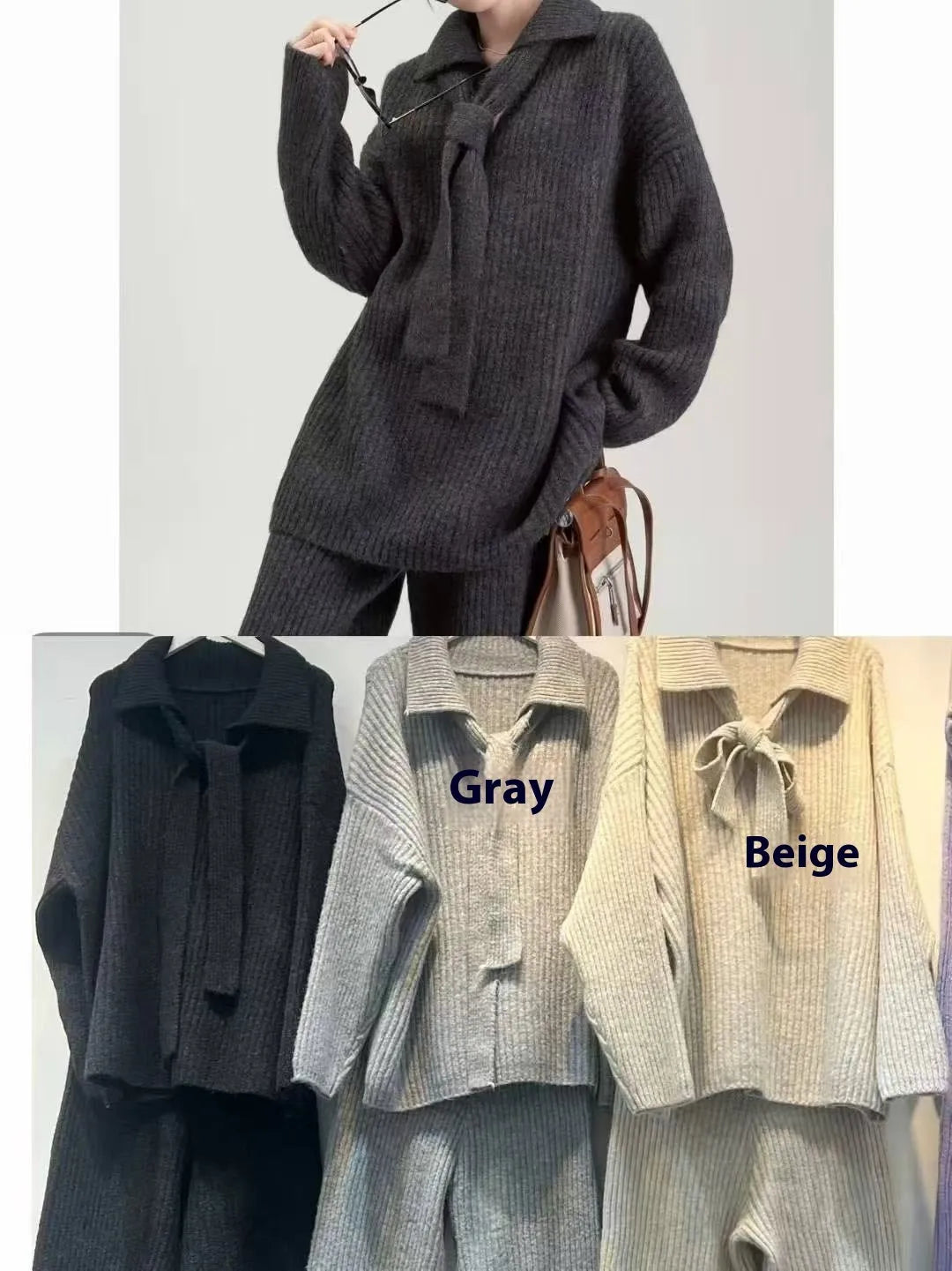 Dark grey sweater suit two-piece set with knit top and trousers showing collage stitching detail