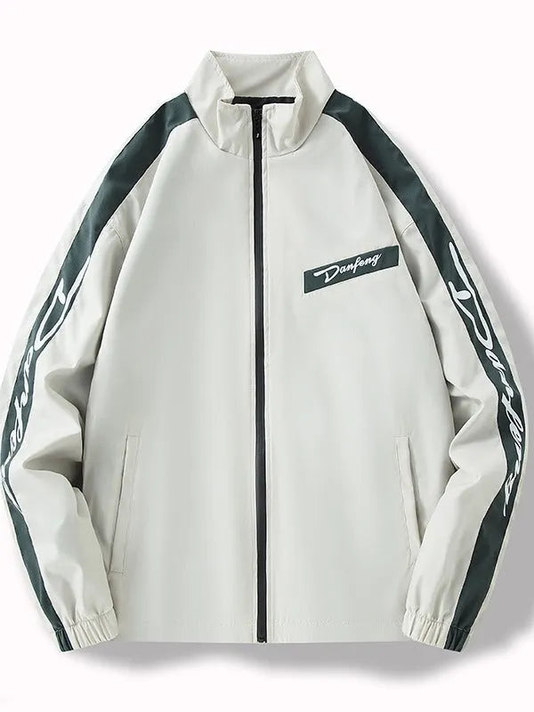 Men's thin loose all-match long sleeve coat with polyester lining, shown in white, dark green, and black, sizes M to 4XL