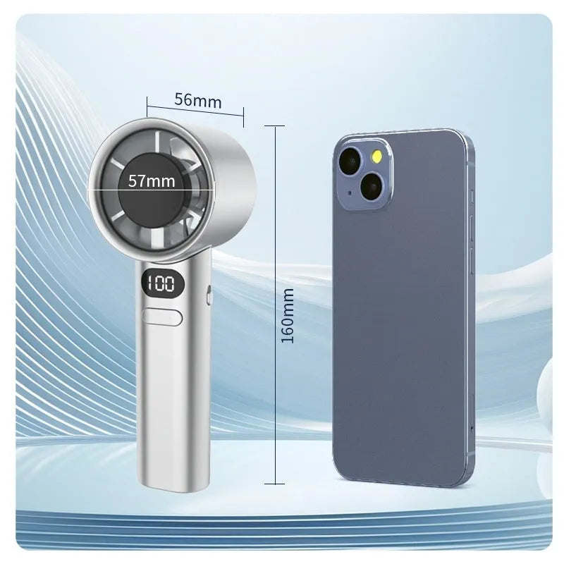 Handheld fan with 120 speed settings showing white colour option and USB charging port