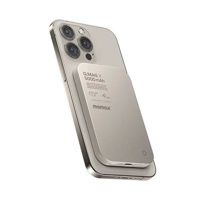 Magnetic wireless alloy power bank showing titanium colour and compact dimensions