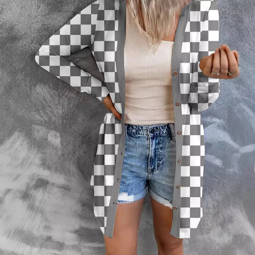 Women's long grey plaid knitted cardigan coat with a loose fit and regular sleeves on a hanger.