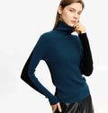 Women's color-block turtleneck wool sweater in retro green, slim fit long sleeve pullover