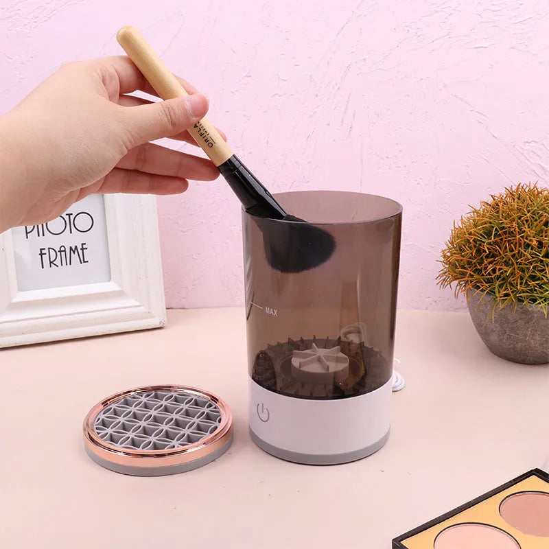 Grey and white portable electric makeup brush cleaning machine with USB charger
