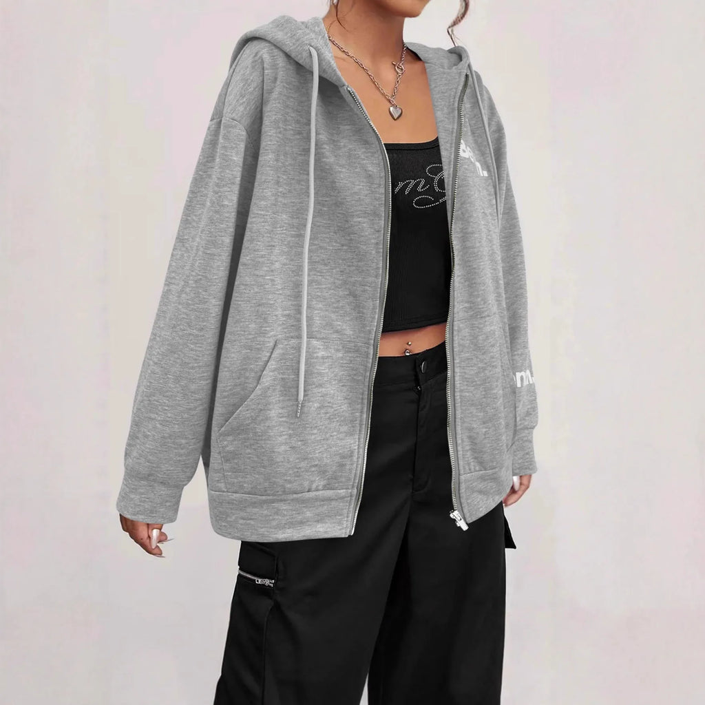 Black or grey letter print zipper sweater coat loose fit casual cardigan