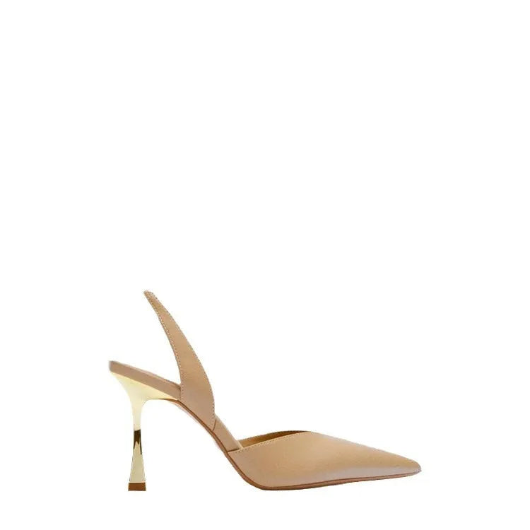 Women's pointed high heels in patent leather with shallow mouth design, available in black and apricot colours
